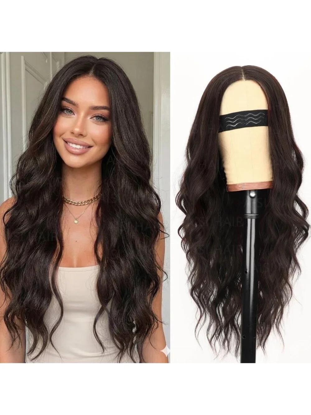Women's Chocolate Brown Lace Hairline 26 Inch Synthetic Heat Resistant Wavy Wigs